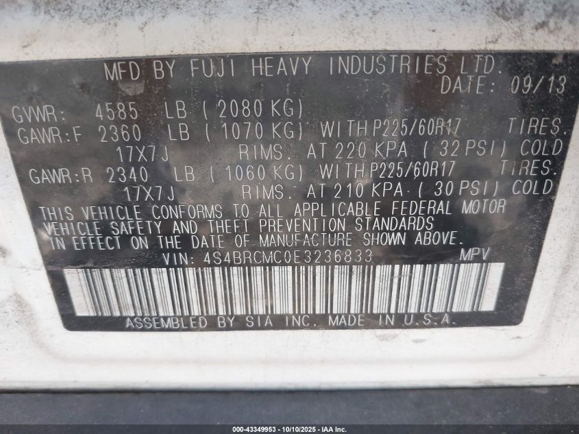 2014 Subaru Outback 2.5I Limited VIN: 4S4BRCMC0E3236833 Lot: 43349953