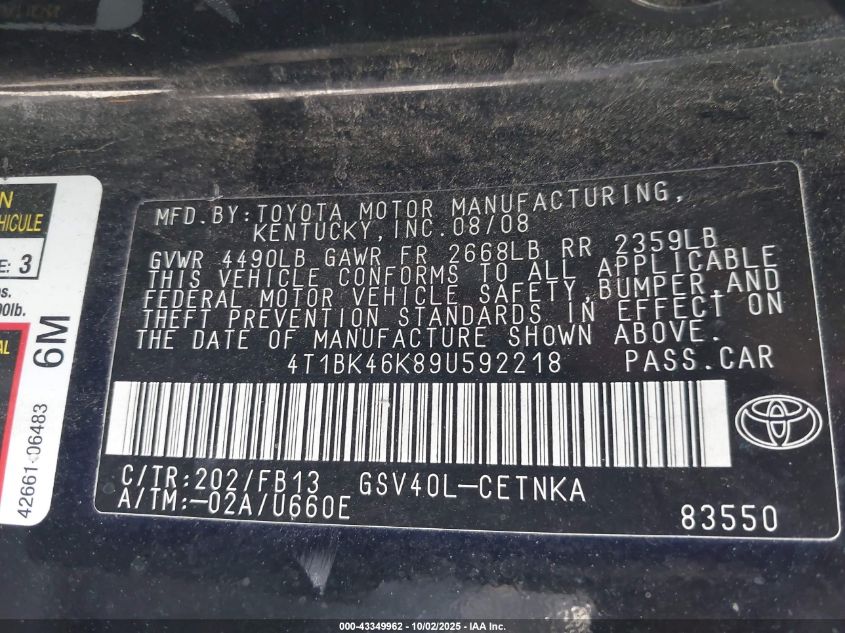 2009 Toyota Camry Le V6 VIN: 4T1BK46K89U592218 Lot: 43349962