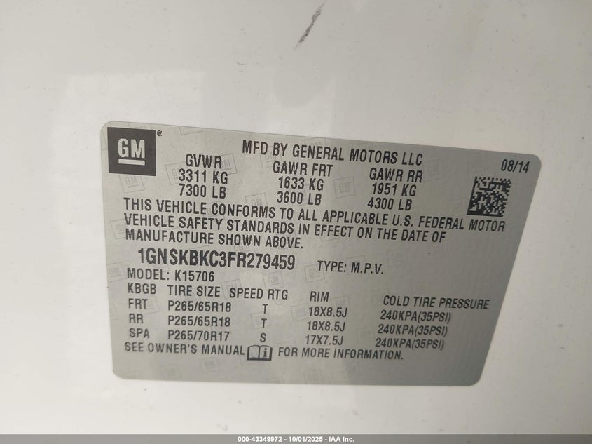 2015 CHEVROLET TAHOE LT 1GNSKBKC3FR279459