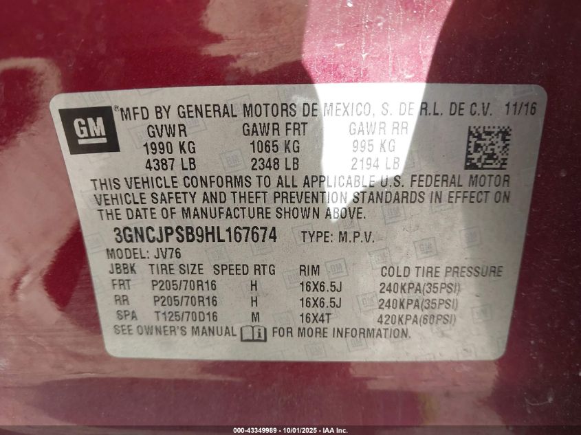 2017 Chevrolet Trax Lt VIN: 3GNCJPSB9HL167674 Lot: 43349989