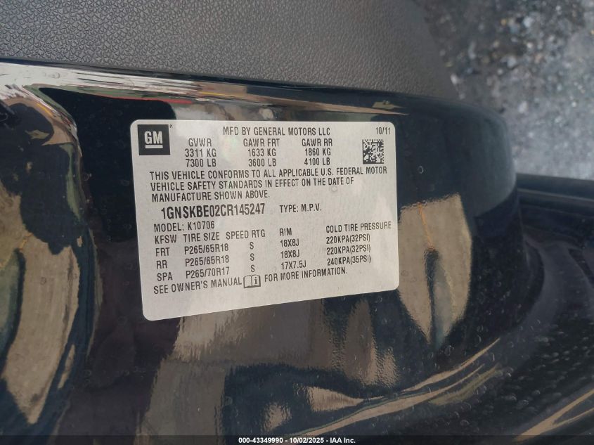 2012 Chevrolet Tahoe Lt VIN: 1GNSKBE02CR145247 Lot: 43349990