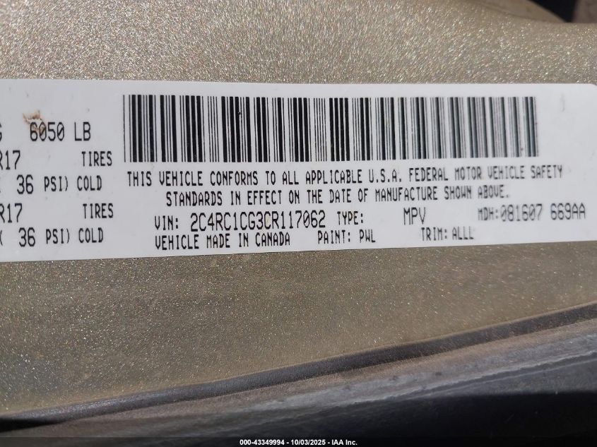 2012 Chrysler Town & Country Touring-L VIN: 2C4RC1CG3CR117062 Lot: 43349994