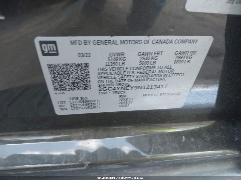 2022 Chevrolet Silverado 2500Hd 4Wd Standard Bed Lt VIN: 2GC4YNEY9N1213417 Lot: 43350019