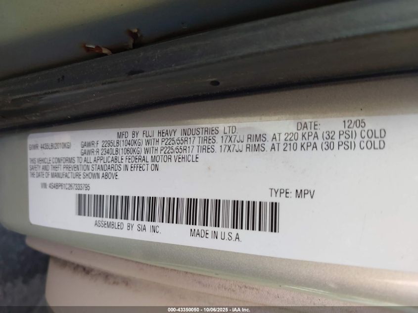 2006 Subaru Outback 2.5I VIN: 4S4BP61C267333795 Lot: 43350050