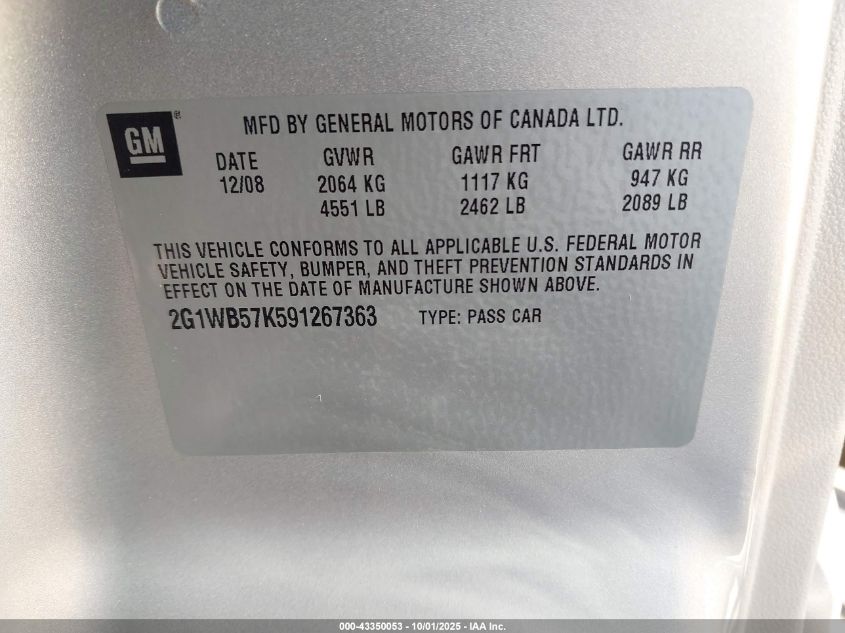 2009 Chevrolet Impala Ls VIN: 2G1WB57K591267363 Lot: 43350053