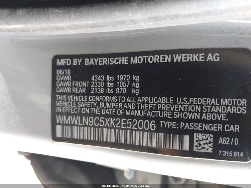 2019 Mini Clubman Cooper S VIN: WMWLN9C5XK2E52006 Lot: 43350067