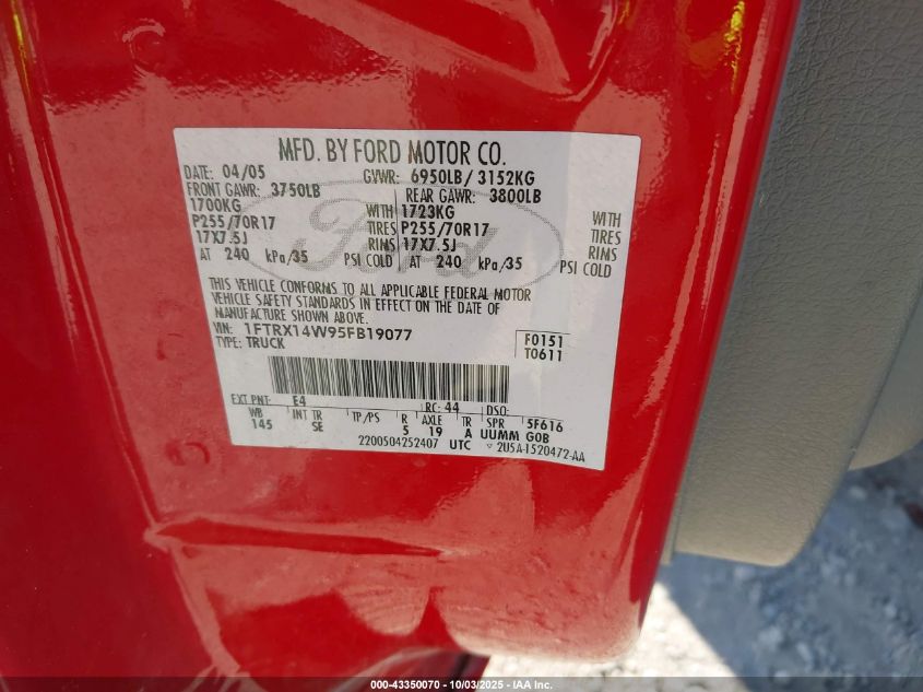 2005 Ford F-150 Stx/Xl/Xlt VIN: 1FTRX14W95FB19077 Lot: 43350070