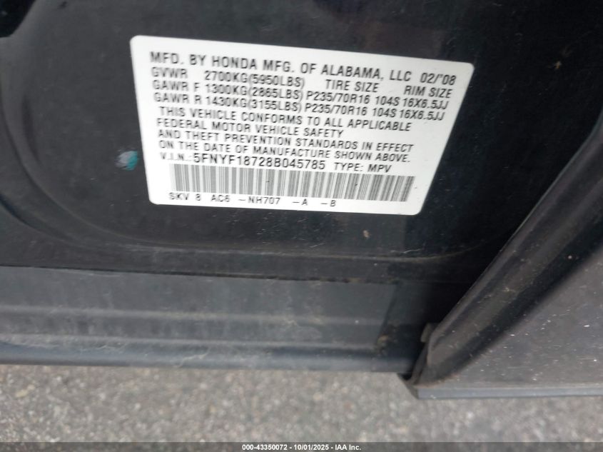 2008 Honda Pilot Ex-L VIN: 5FNYF18728B045785 Lot: 43350072