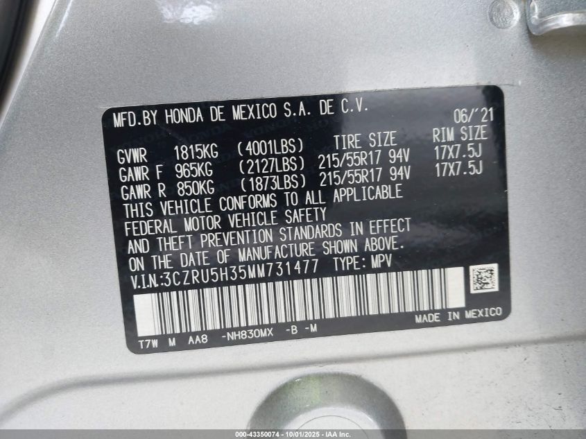 2021 Honda Hr-V 2Wd Lx VIN: 3CZRU5H35MM731477 Lot: 43350074