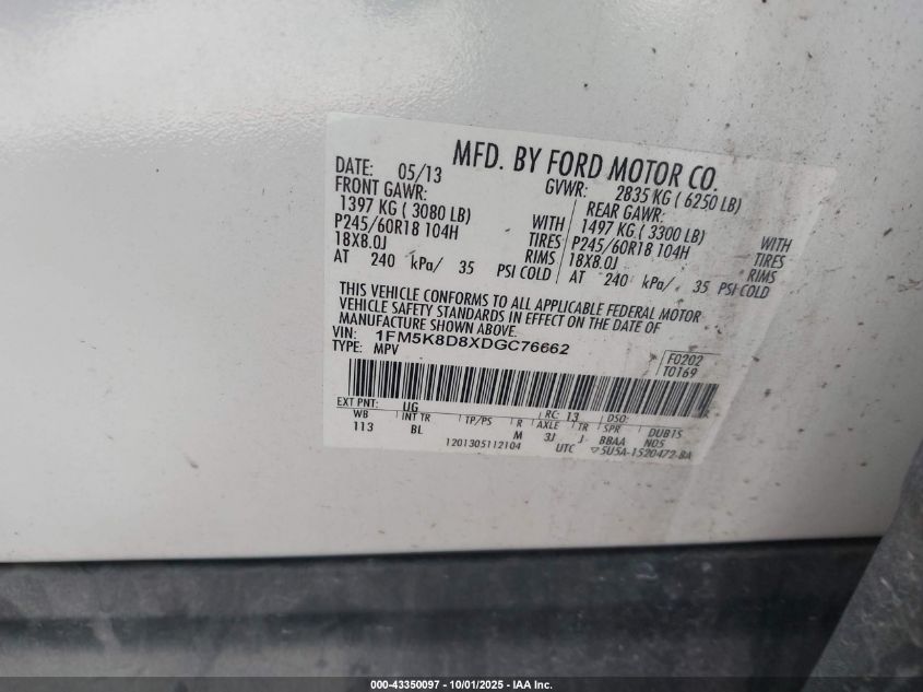 2013 Ford Explorer Xlt VIN: 1FM5K8D8XDGC76662 Lot: 43350097