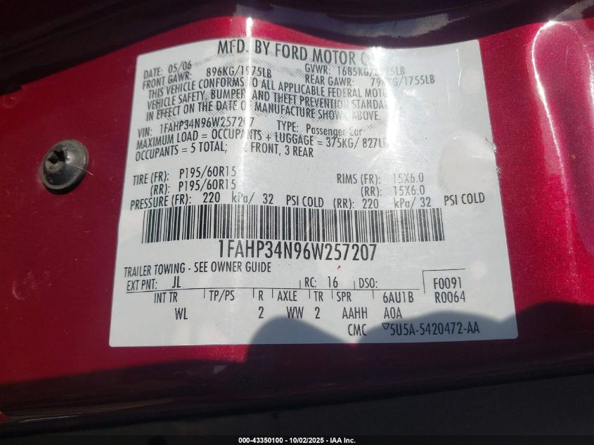 2006 Ford Focus Zx4 VIN: 1FAHP34N96W257207 Lot: 43350100