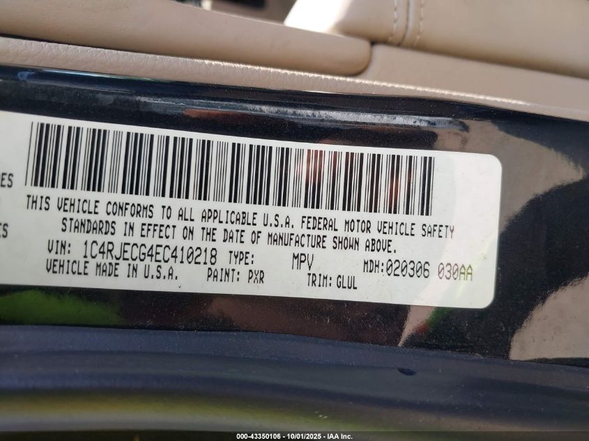 2014 Jeep Grand Cherokee Overland VIN: 1C4RJECG4EC410218 Lot: 43350106