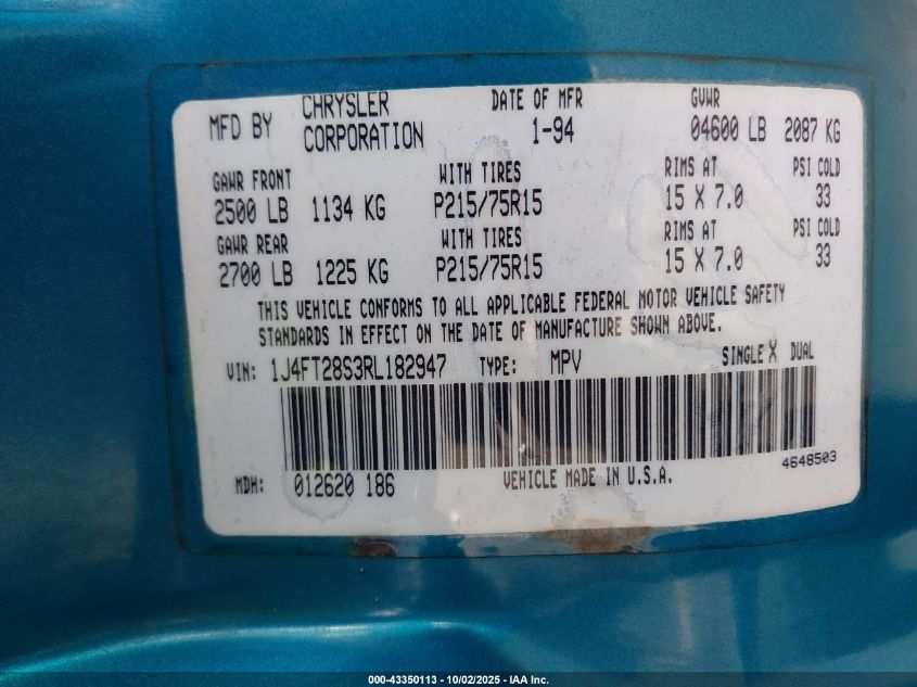 1994 Jeep Cherokee Se VIN: 1J4FT28S3RL182947 Lot: 43350113