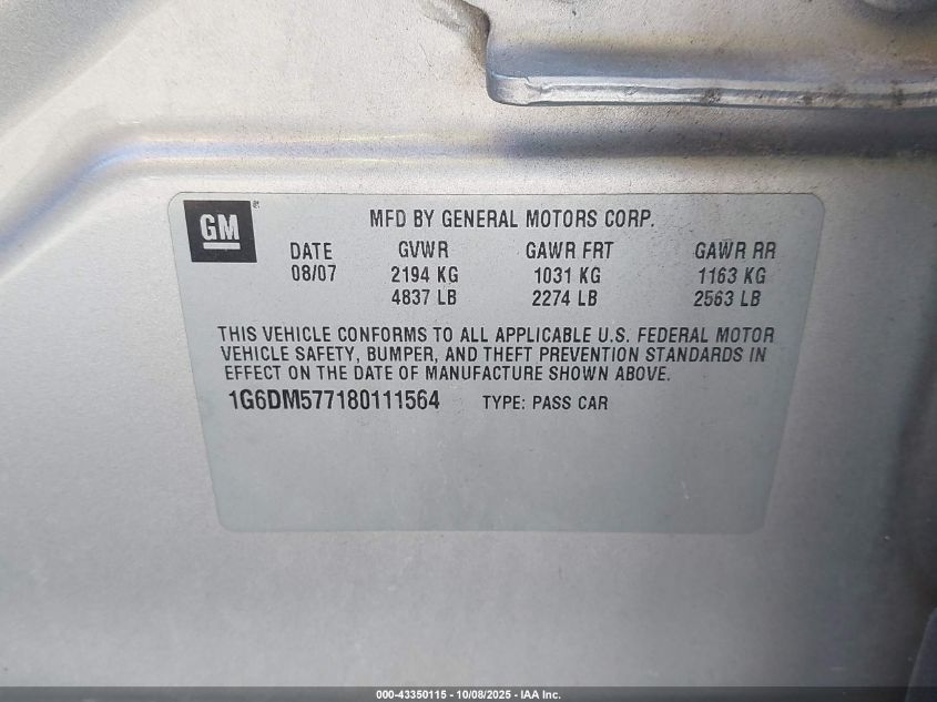 2008 Cadillac Cts Standard VIN: 1G6DM577180111564 Lot: 43350115