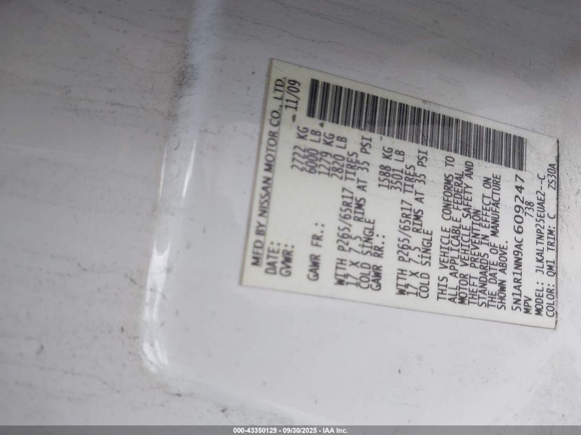 2010 Nissan Pathfinder Se VIN: 5N1AR1NN9AC609247 Lot: 43350129