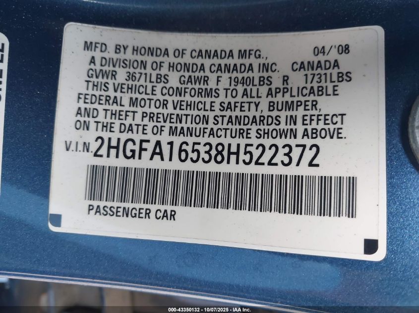 2008 Honda Civic Lx VIN: 2HGFA16538H522372 Lot: 43350132