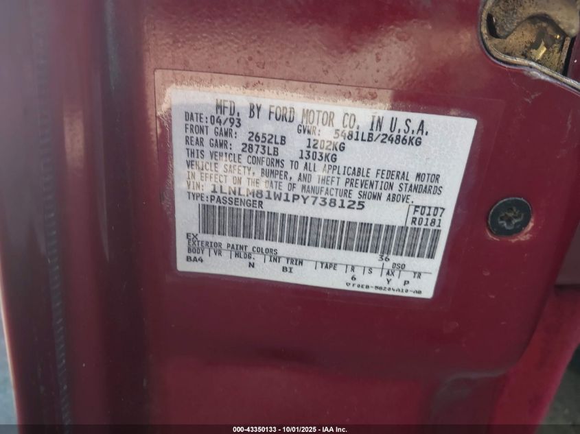 1993 Lincoln Town Car Executive VIN: 1LNLM81W1PY738125 Lot: 43350133