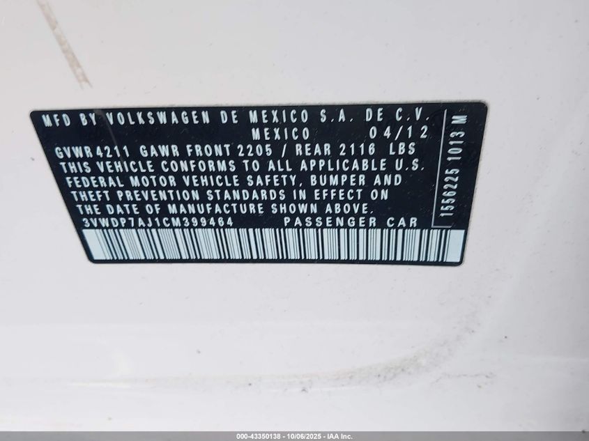 2012 Volkswagen Jetta 2.5L Se VIN: 3VWDP7AJ1CM399464 Lot: 43350138