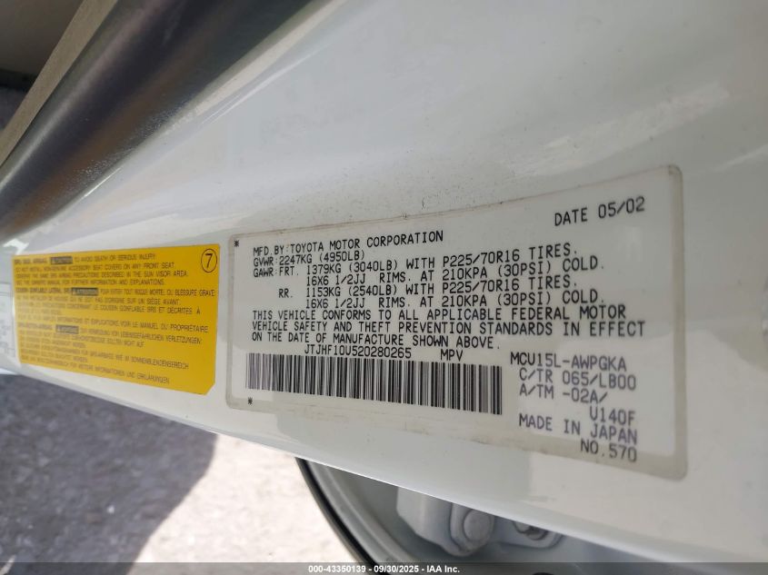 2002 Lexus Rx 300 VIN: JTJHF10U520280265 Lot: 43350139