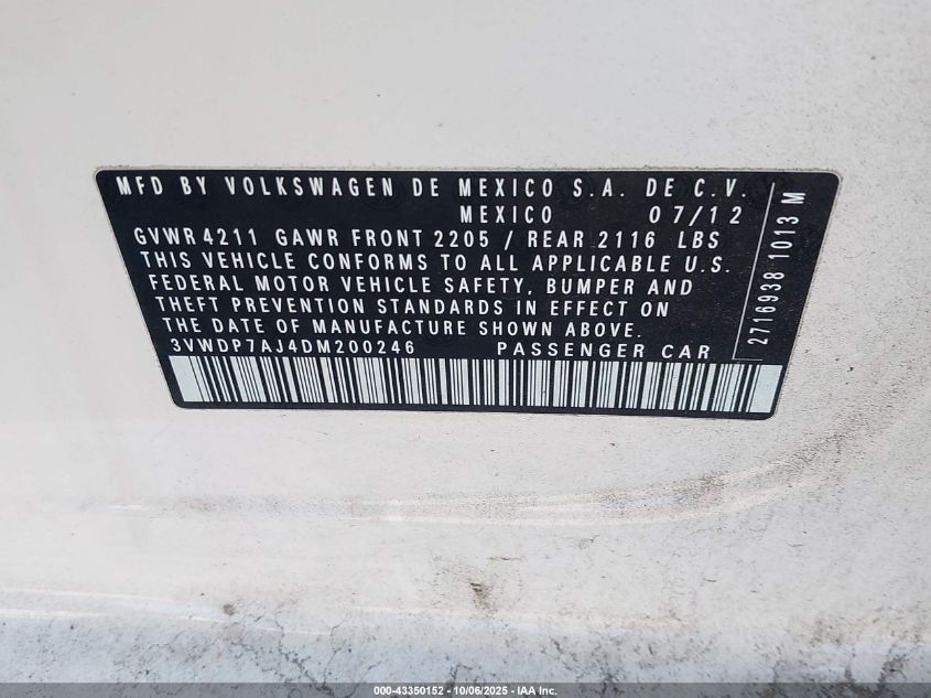 2013 Volkswagen Jetta 2.5L Se VIN: 3VWDP7AJ4DM200246 Lot: 43350152