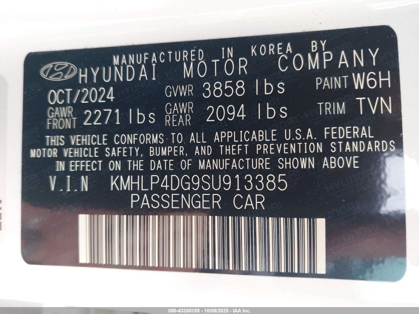 2025 Hyundai Elantra Limited VIN: KMHLP4DG9SU913385 Lot: 43350155