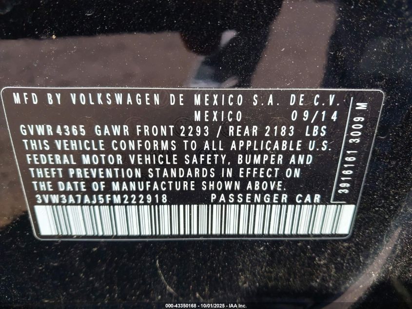 2015 Volkswagen Jetta 2.0L Tdi S VIN: 3VW3A7AJ5FM222918 Lot: 43350168