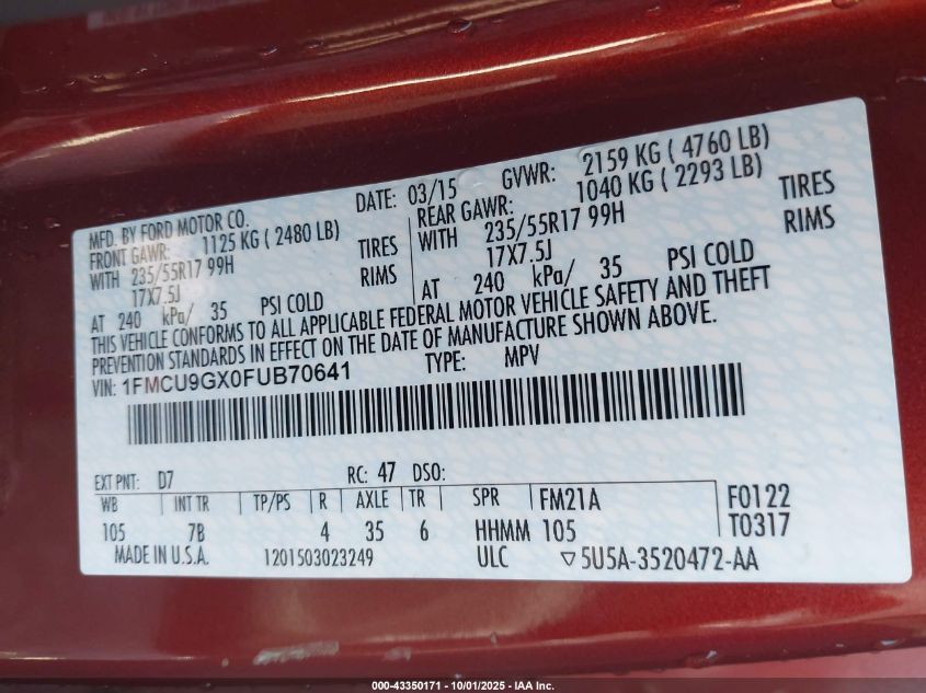 2015 Ford Escape Se VIN: 1FMCU9GX0FUB70641 Lot: 43350171