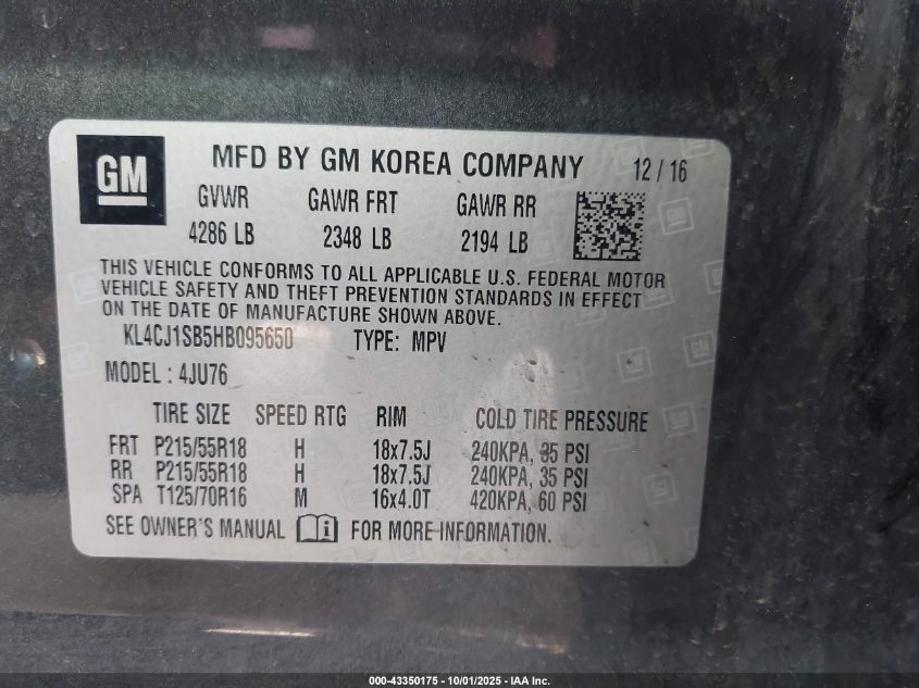 2017 Buick Encore Sport Touring VIN: KL4CJ1SB5HB095650 Lot: 43350175