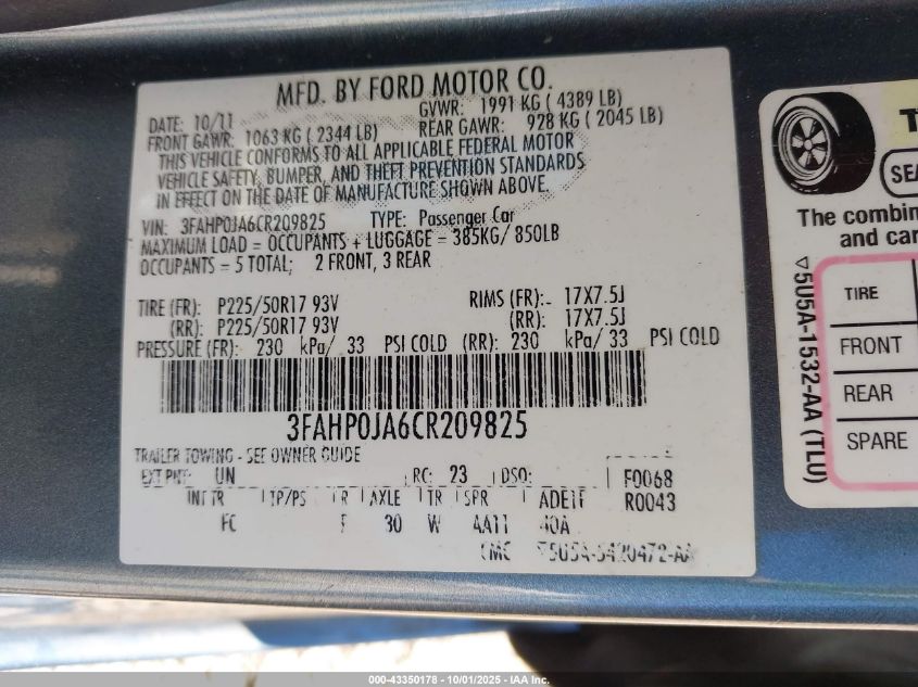 2012 Ford Fusion Sel VIN: 3FAHP0JA6CR209825 Lot: 43350178