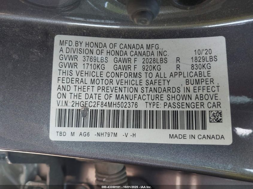 2021 Honda Civic Sport VIN: 2HGFC2F84MH502376 Lot: 43350181