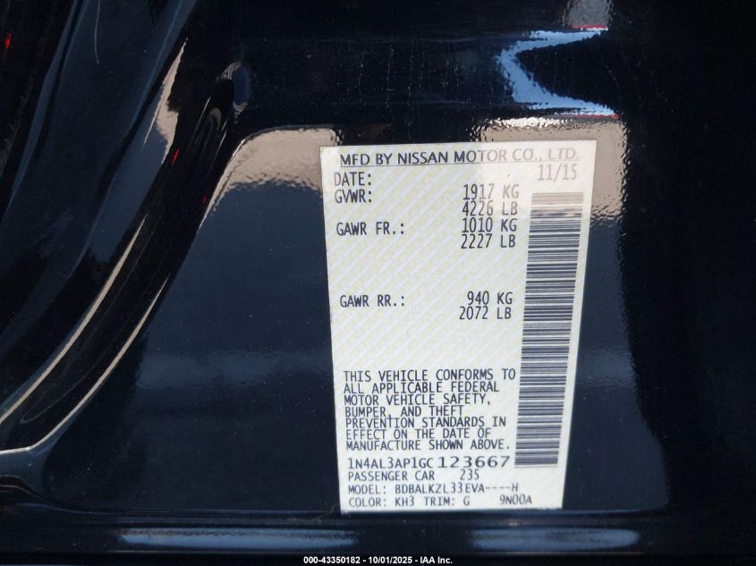 2016 Nissan Altima 2.5 Sv VIN: 1N4AL3AP1GC123667 Lot: 43350182