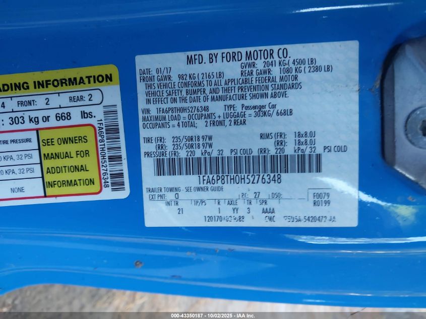 2017 Ford Mustang Ecoboost VIN: 1FA6P8TH0H5276348 Lot: 43350187