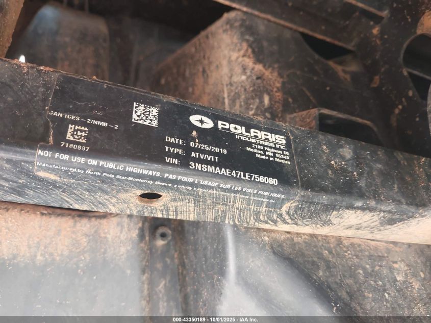 2020 Polaris Ranger Ev VIN: 3NSMAAE47LE756080 Lot: 43350189