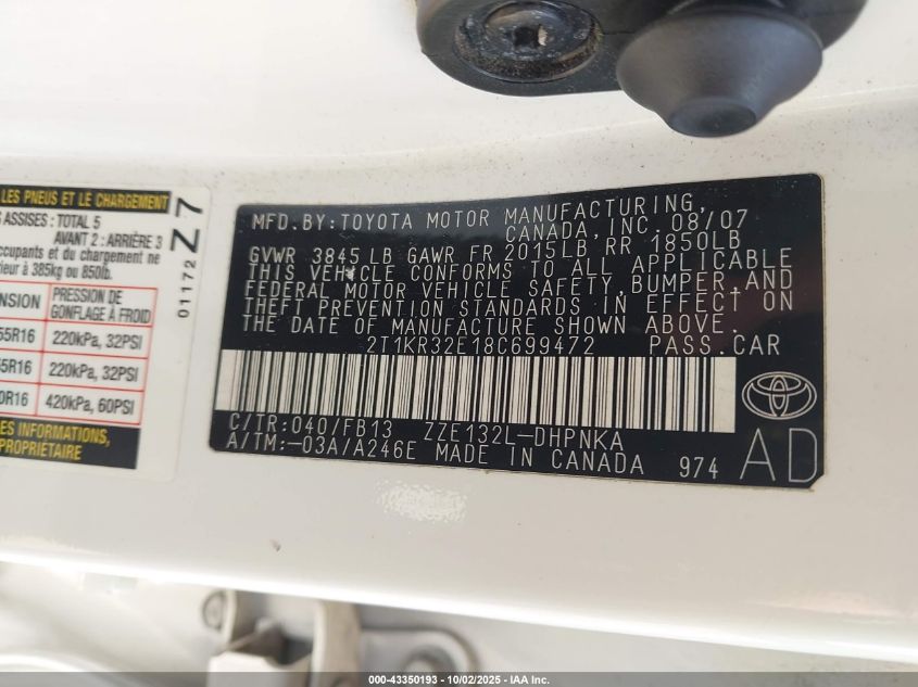 2008 Toyota Matrix Xr VIN: 2T1KR32E18C699472 Lot: 43350193