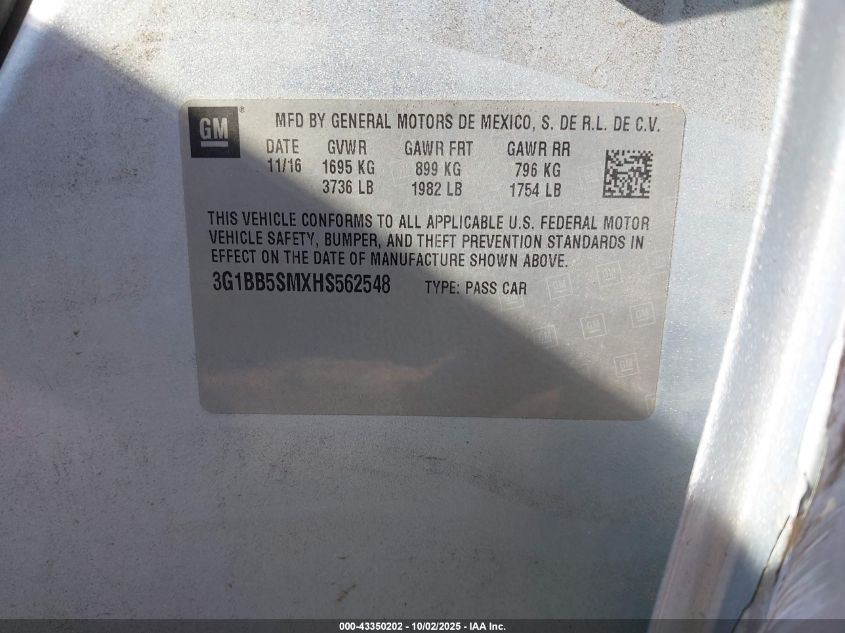 2017 Chevrolet Cruze Ls Manual VIN: 3G1BB5SMXHS562548 Lot: 43350202