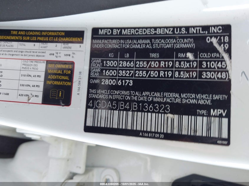 VIN 4JGDA5JB4JB136323 2018 MERCEDES-BENZ GLE 350