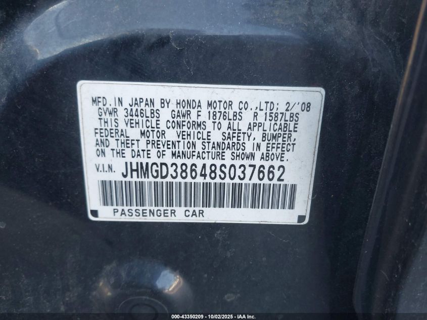 2008 Honda Fit Sport VIN: JHMGD38648S037662 Lot: 43350209
