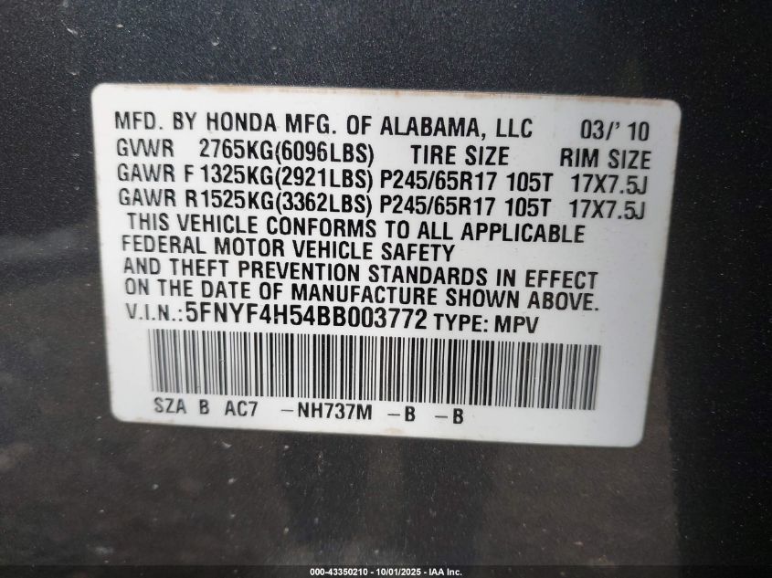 2011 Honda Pilot Ex-L VIN: 5FNYF4H54BB003772 Lot: 43350210
