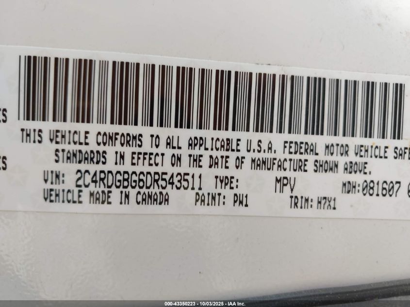 2013 Dodge Grand Caravan Se VIN: 2C4RDGBG6DR543511 Lot: 43350223