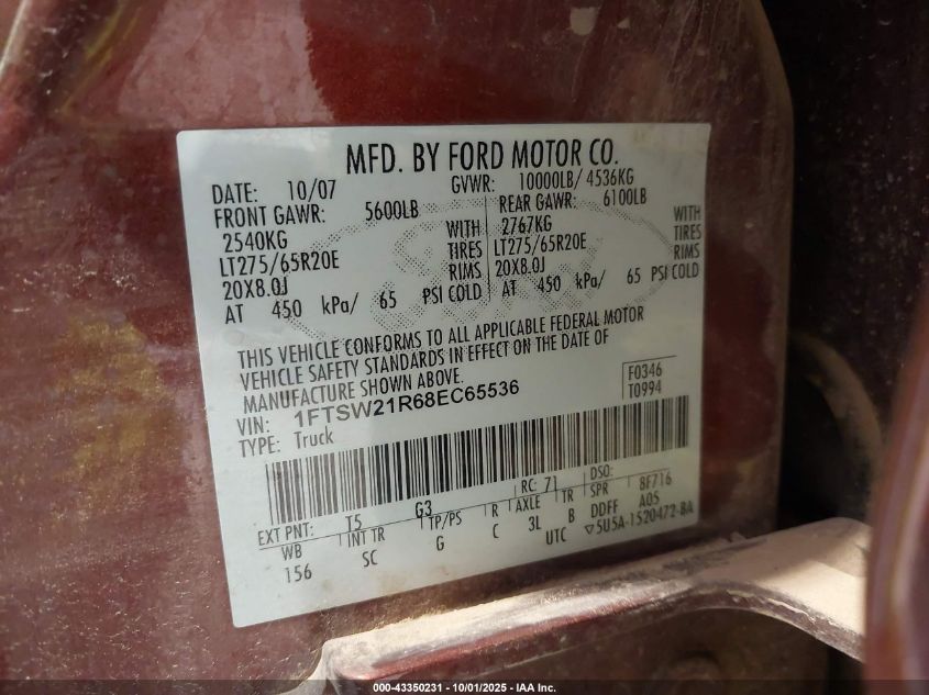 2008 Ford F-250 King Ranch VIN: 1FTSW21R68EC65536 Lot: 43350231