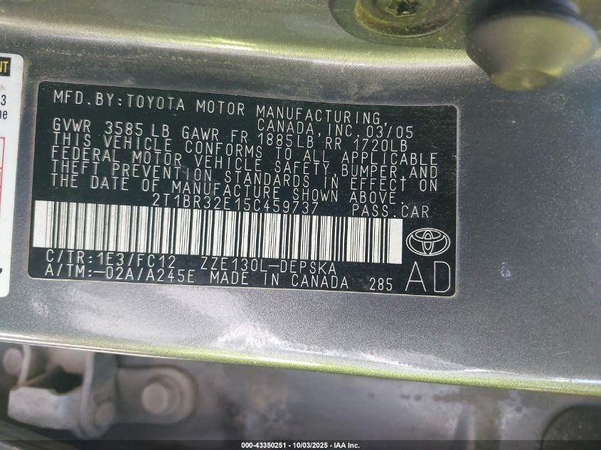 2005 Toyota Corolla S VIN: 2T1BR32E15C459737 Lot: 43350251