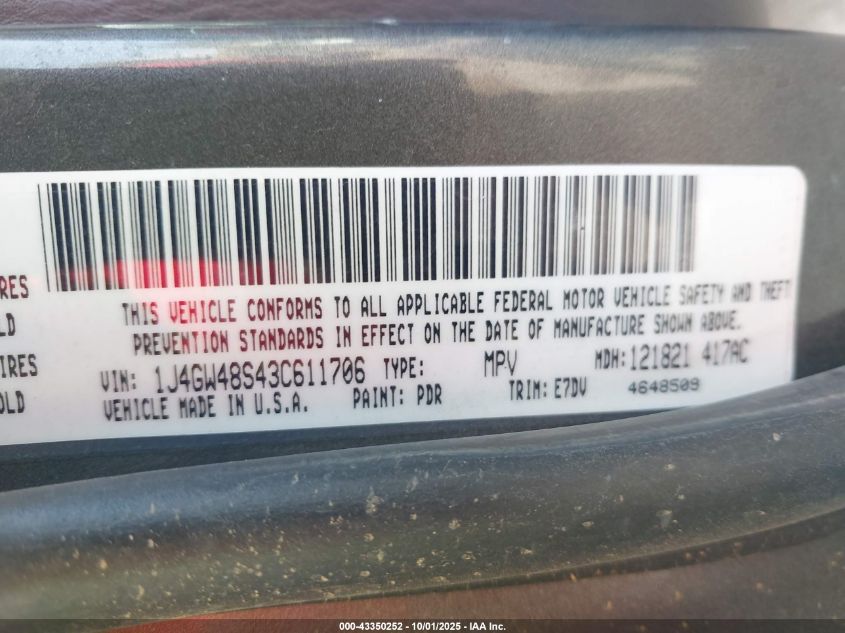 2003 Jeep Grand Cherokee Laredo VIN: 1J4GW48S43C611706 Lot: 43350252