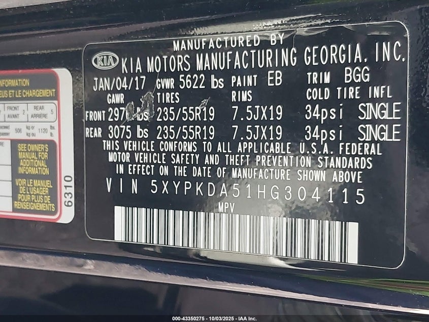 2017 KIA SORENTO 3.3L SX - 5XYPKDA51HG304115