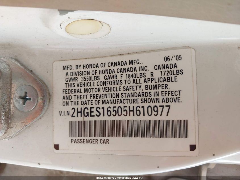 2005 Honda Civic Lx VIN: 2HGES16505H610977 Lot: 43350277