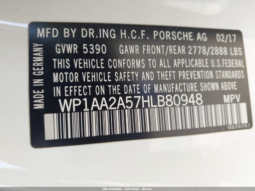 2017 Porsche Macan VIN: WP1AA2A57HLB80948 Lot: 43350280