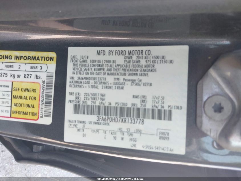 2019 Ford Fusion Se VIN: 3FA6P0HD7KR133778 Lot: 43350286