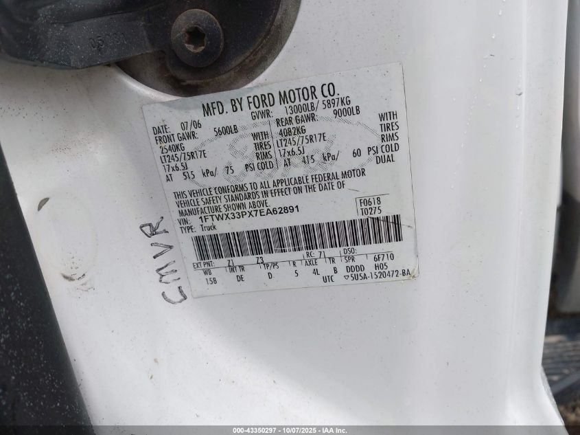 2007 Ford F-350 Lariat/Xl/Xlt VIN: 1FTWX33PX7EA62891 Lot: 43350297