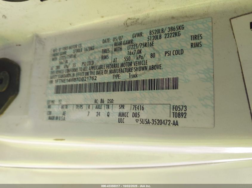 2007 Ford E-150 Commercial/Recreational VIN: 1FTNE14W87DB21762 Lot: 43350317