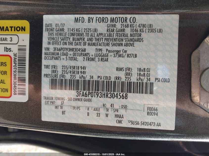 2017 Ford Fusion Se VIN: 3FA6P0T93HR304568 Lot: 43350319