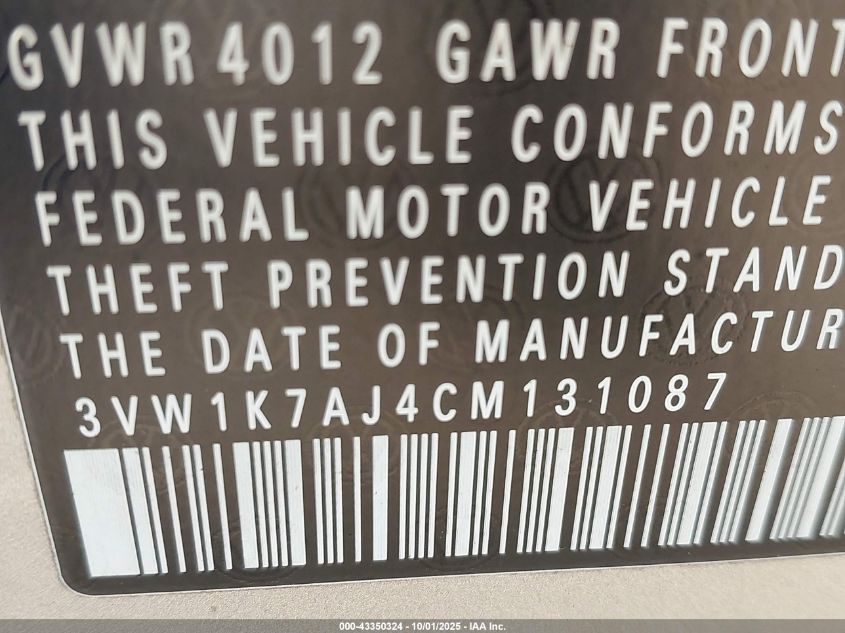 2012 Volkswagen Jetta 2.0L S VIN: 3VW1K7AJ4CM131087 Lot: 43350324